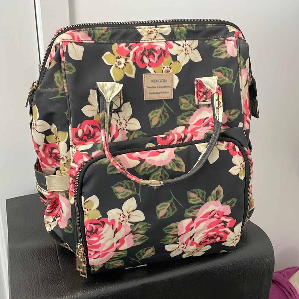 Floral Convertible Backpack Tote - Black with Pink Roses